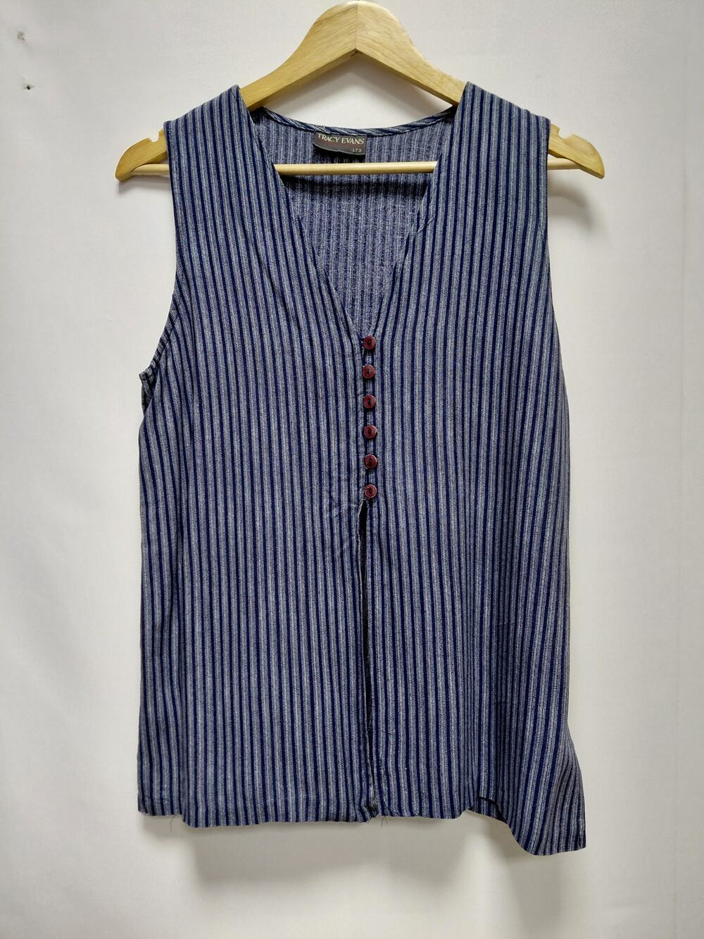 TRACY EVANS LTD Striped Sleeveless Top Blue V-Neck Knit Women Size M